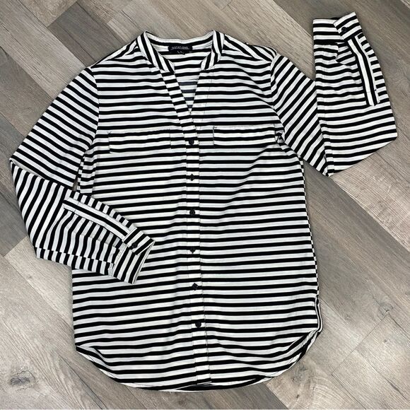 Notations Striped Button Front Blouse Black White Small - Picture 14 of 14